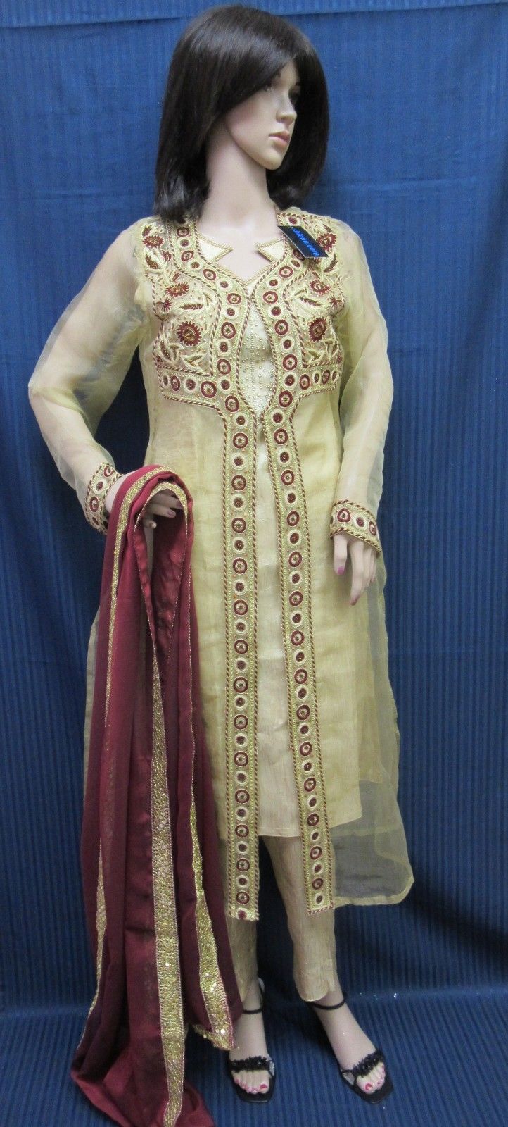 Pakistani 8401 Gold Organza Silk Plazo Pants Kameez Dupatta Suit Small